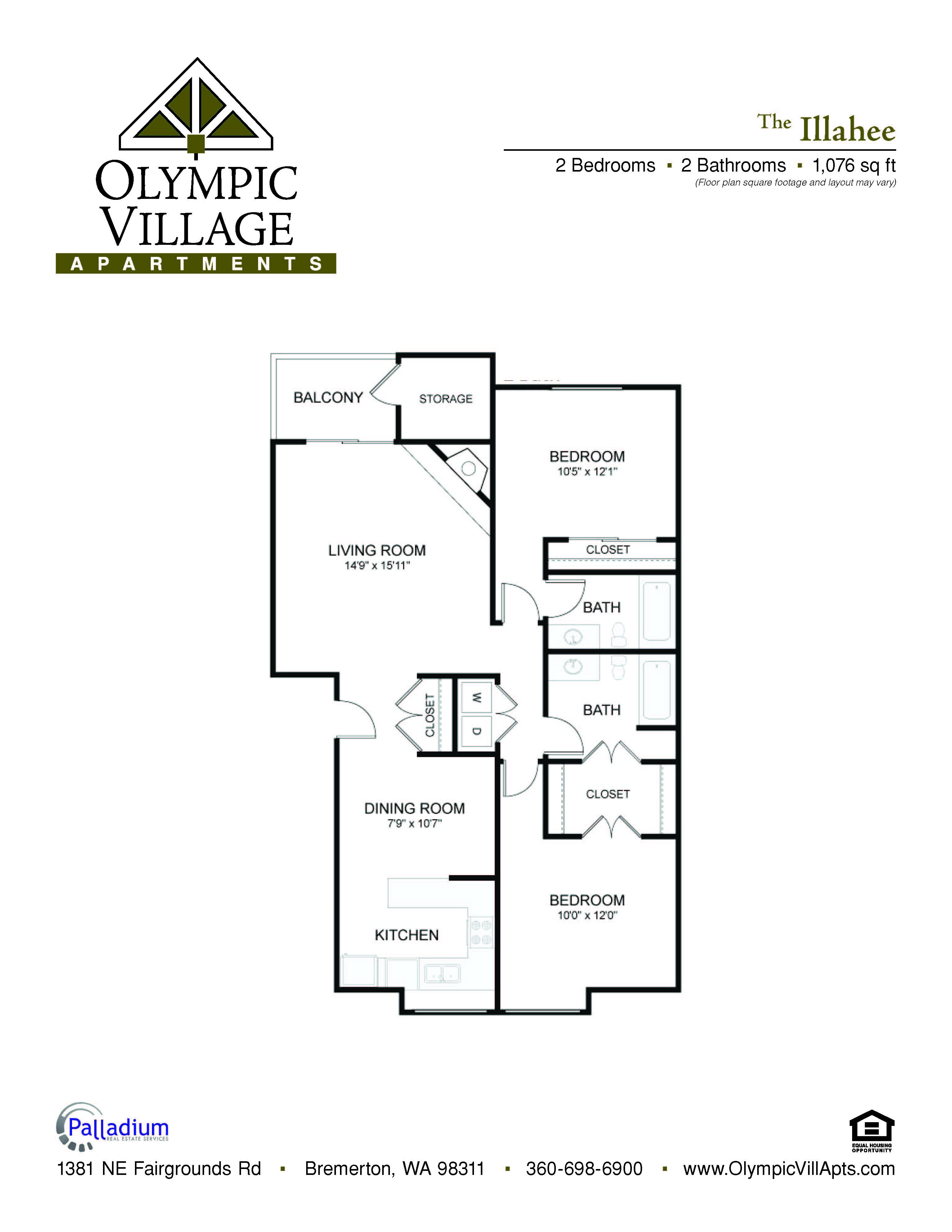 Floor plan for 2 beds, 2 baths, 1076 sqft